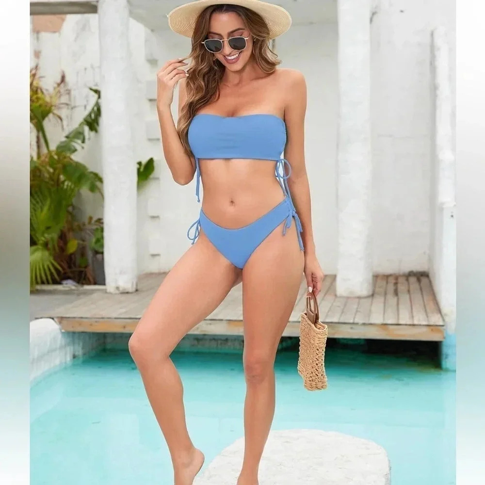 Women's Two piece Swimsuit Bathing Suit Side Ties Ribbed Bandeau Bikini Set